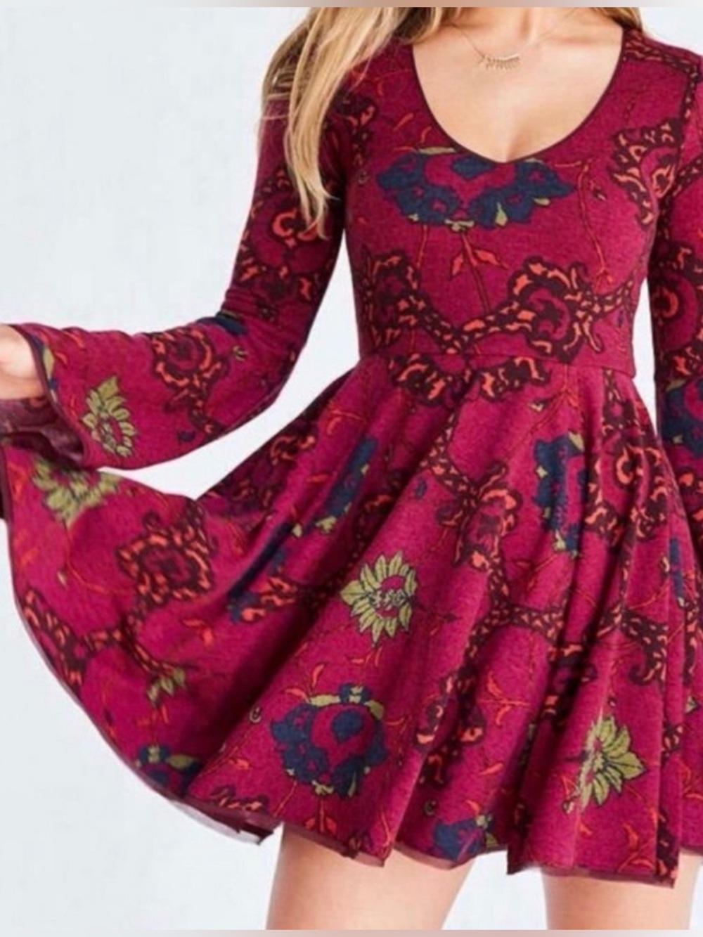 Kimchi Blue Burgundy Floral Fit & Flare Boho Bell-Sleeve Mini Dress Sz S $98